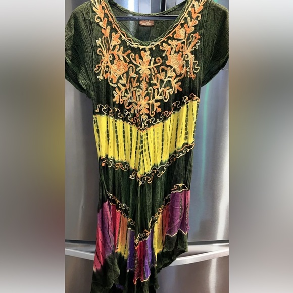 Green FESTIVAL GYPSY Flowy rayon DRESS NF Free Size COLORFUL Embroidered Tribal - Picture 16 of 16
